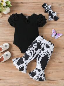 Baby Girl Fashionable And Casual Puff Sleeve Ribbed Bodysuit With Printed Flare Pants, Cute Hair Accessory, Simple Set For Spring And Summer - Black - View 2
