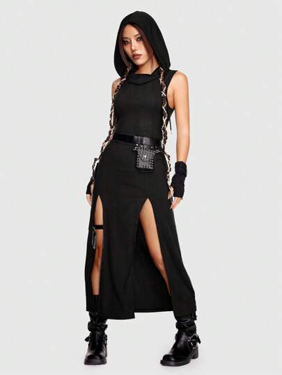 Grunge Punk Women's High Slit Hooded Bodycon Dress