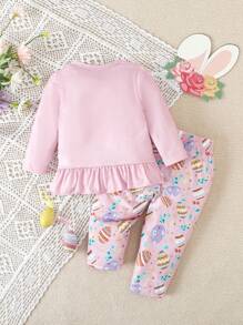 女婴粉色可爱兔子和复活节彩蛋印花宽松长袖T恤和长裤两件套睡衣套装 - 粉色 - 查看 2