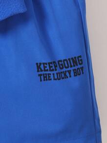 SHEIN 青少年男孩字母印花棒球夾克和短褲套裝 - 水鴨藍 - 查看 5
