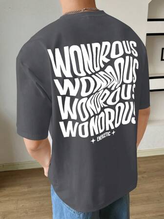Manfinity RebelGame Camiseta de punto holgada para hombres con estampado de letras y elástica