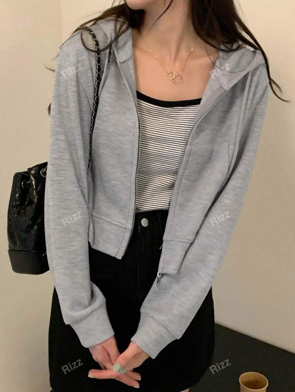 Women's Solid Color Pattern Double-Zipper Short Hoodie,Long Sleeve Tops