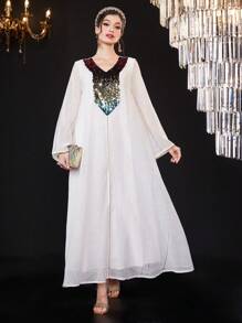 Al Najma Ladies' Sequined Patchwork A-Line Turkish Long Robe Eid Dress Kaftan Jalabiya Dress - White - View 1