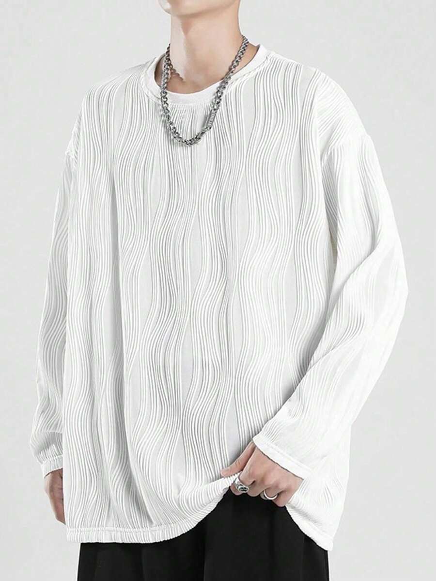 NITAGUT 男士休閒紋理長袖 T 卹 - 白色 - 查看 1