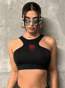 SHEIN ICON Áo ba lỗ cổ tròn in họa tiết nhện ngắn đơn giản, thoải mái dành cho nữ, phù hợp cho mùa hè - màu đen - Xem 1