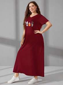 Mulvari Burgundy Red Plus Size Pattern Printed V-Neck Short Sleeve Dress - Burgundy - View 1