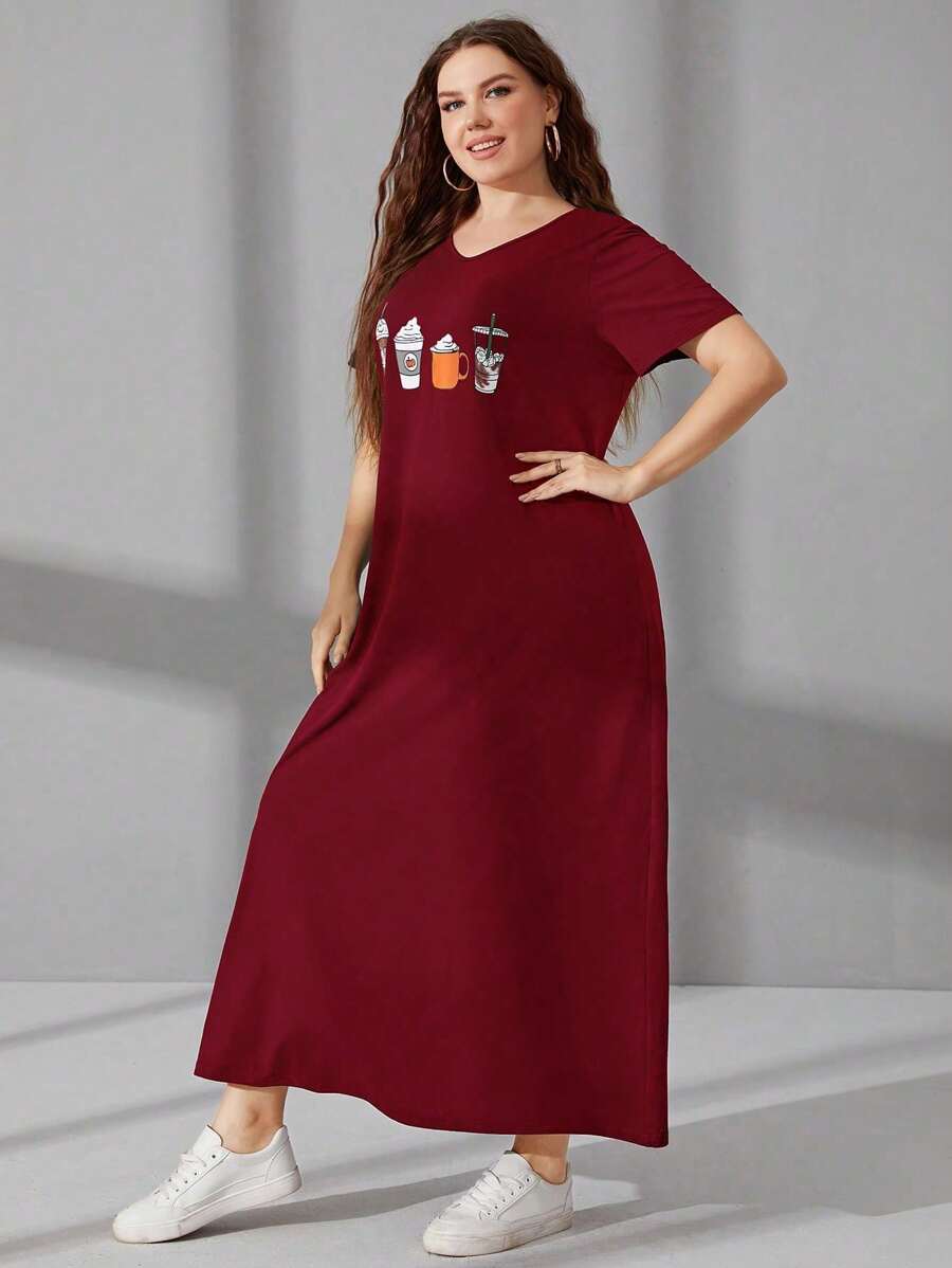 Mulvari Burgundy Red Plus Size Pattern Printed V-Neck Short Sleeve Dress - Burgundy - View 1