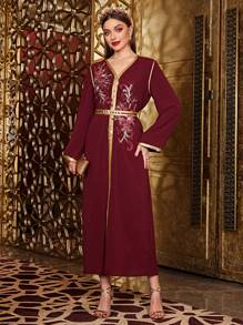 Layrah 勃艮第红色女士 3d 花朵装饰长袖 Jalabiya 连衣裙，优雅奢华晚会风格 - 酒紅色 - 查看 3