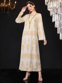 Layrah 女士金色编织带装饰阿拉伯风格 Jalabiya 连衣裙，带流苏，优雅奢华晚会风格