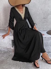 Breezaya Của phụ nữ Ren Vá lại Đàn hồi Cổ tay áo Eo dây rút Đầm - màu đen - Xem 5