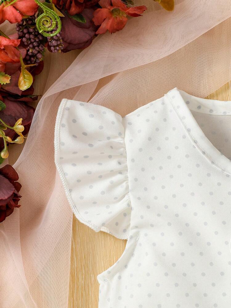 Baby Girl Street Style Polka Dot Flutter Sleeve Shirt And Glossy Faux Leather Skirt Set, Fashionable And Cute For Spring And Summer