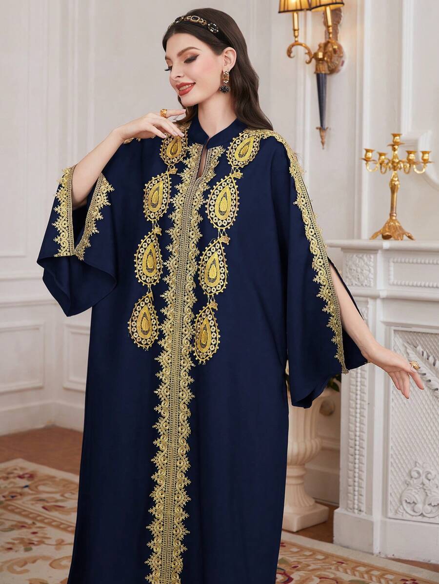 Al Najma Women's Gold Braided Belt Splice Open Sleeve Arabic Style Kaftan Dress, Elegant Evening Party Dress - Navy Blue - View 1