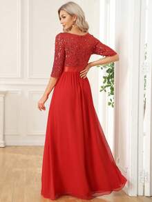 Contrast Color Sequin Corset Chiffon Formal Gown - Red - View 2