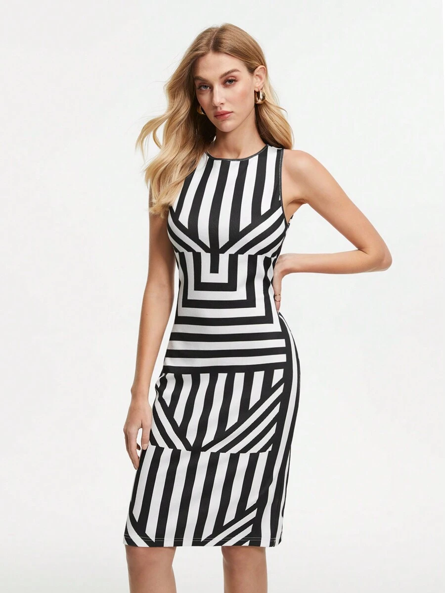 BizChic 女士圓領條紋吊帶連衣裙 - 黑色 - 查看 1