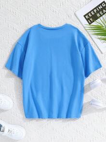 SHEIN 女大童太陽&字母圖案落肩T恤 - 寶藍色 - 查看 2