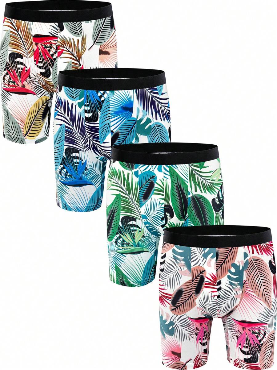 男士四入組多彩葉子印花緊身短褲 - 彩色 - 查看 1