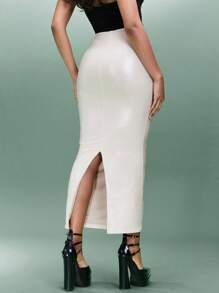 SHEIN BAE Elegant Off-White Coated Bodycon Slit Skirt For Women,Autumn Low Waist Solid Color Nude Midi Skirt,Perfect For Party,Night ,Music Festivals - Apricot - View 2