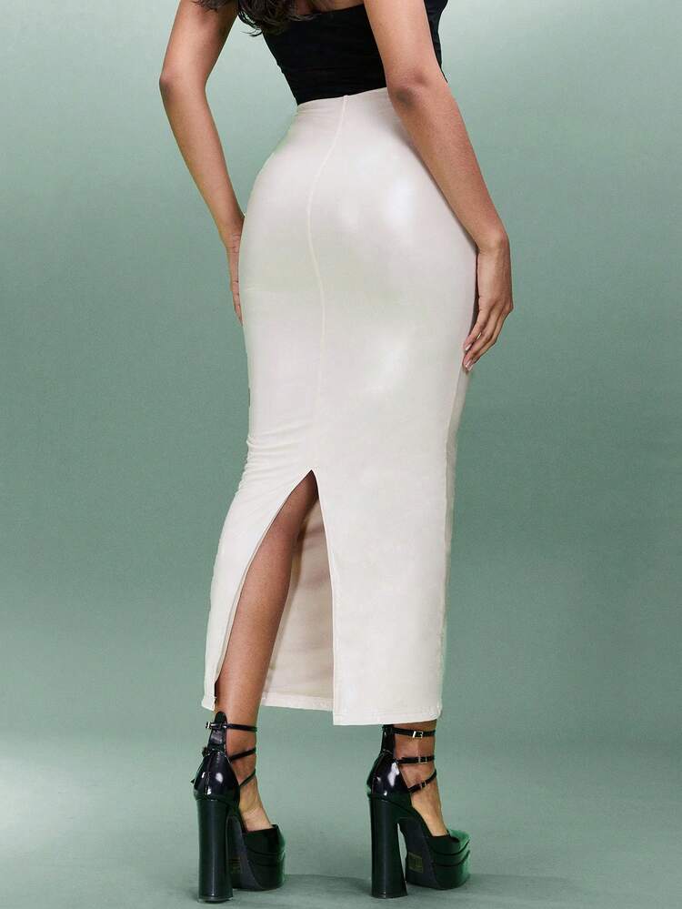 Solid Color Nude Low Waist Coated Slit Bodycon Skirt, Suitable For Daily Wear, Spring/Summer, Holiday Parties, Single Parties, Night Dating, Music Festivals, Concerts