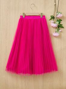 SHEIN Young Girls' Loose Fit Casual Mid-Length Mesh Skirt - Hot Pink - View 2