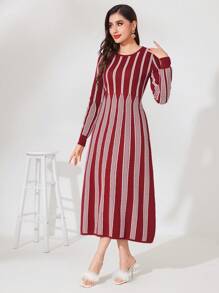 Modelyn Burgundy Red Women's Striped Long Knitted Sweater Dress Fall Cloth For Women - Burgundy - View 1