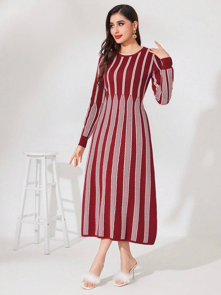 Modelyn Burgundy Red Women's Striped Long Knitted Sweater Dress Fall Cloth For Women - Burgundy - View 1