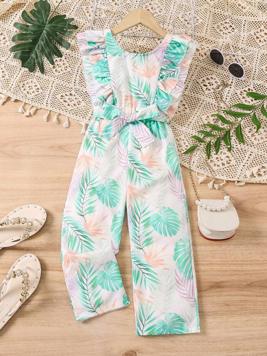 SHEIN Young Girls' Summer New Arrival Plant Printed Ruffle Trim Jumpsuit - Multicolor - View 1
