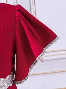 Vestido De Media Longitud Para Niñas Adolescentes Con Cuello En V En Color Rojo Vino - Burdeos - Ver 3