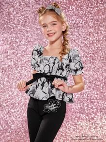 Marilyn Monroe X SHEIN Tween Girl Figure Print Ruffle Hem Blouse & Letter Graphic Flare Leg Pants - Multicolor - View 5