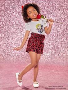Marilyn Monroe X SHEIN Young Girl Character Pattern Ruffle Trim Tee & Paperbag Waist Short Set - White - View 4