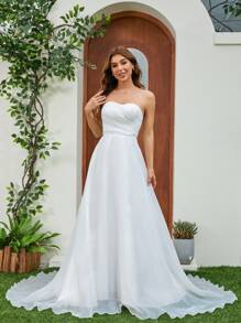 YUMIBRAVO 法式褶皱紧身胸衣薄纱拖尾婚纱白色优雅新娘礼服，新娘 - 白色 - 查看 4