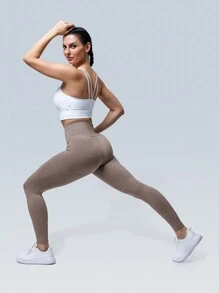 Quần legging cạp cao nâng mông cho nữ - Quần tập yoga chống gập bụng, quần bó tập chạy bộ thấm hút mồ hôi, tạo đường viền Smile Line Push Up liền mạch - màu nâu - Xem 4