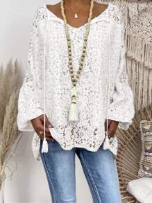 SHEIN LUNE Của phụ nữ Tay áo lồng đèn Ren Áo sơ mi - trắng - Xem 1