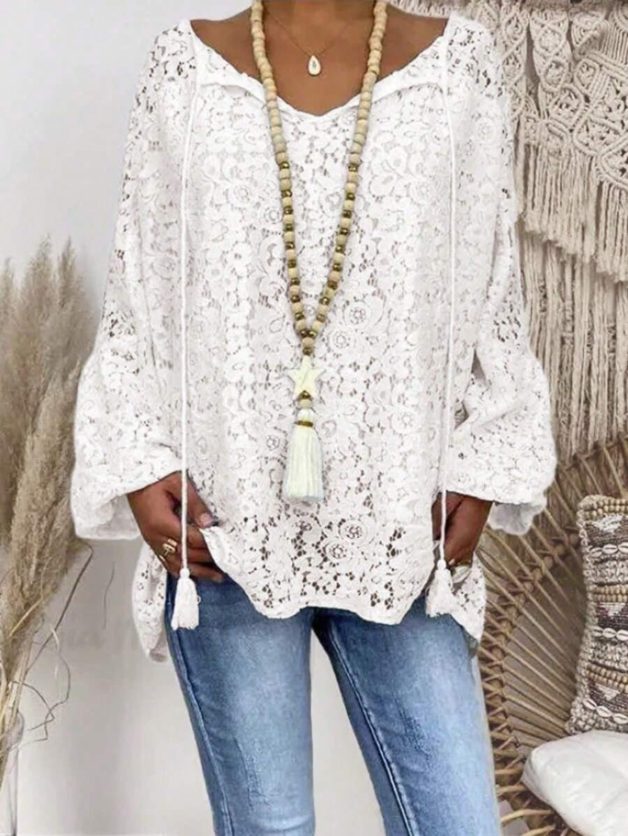 SHEIN LUNE Của phụ nữ Tay áo lồng đèn Ren Áo sơ mi - trắng - Xem 1