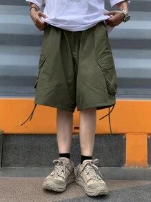Manfinity Hypemode Men's Cargo Shorts With Drawstring Hem - Army Green - View 3