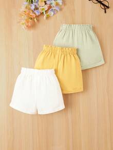 SHEIN Bộ 3 quần short trơn cạp chun mùa hè cho bé gái - Nhiều màu - Xem 2
