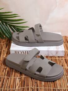 SHUZIA All-Time Women's Luxury-Inspired Hook And Loop Strap Cutout Round Toe Soft Footbed Flatform PU Elephant Grey Slide Sandals – Comfort & Versatile Summer Shoes Spring Shoes Spring Break Easter Vacation Shoes Casual Shoes Beach Shoes Mother's Day Present