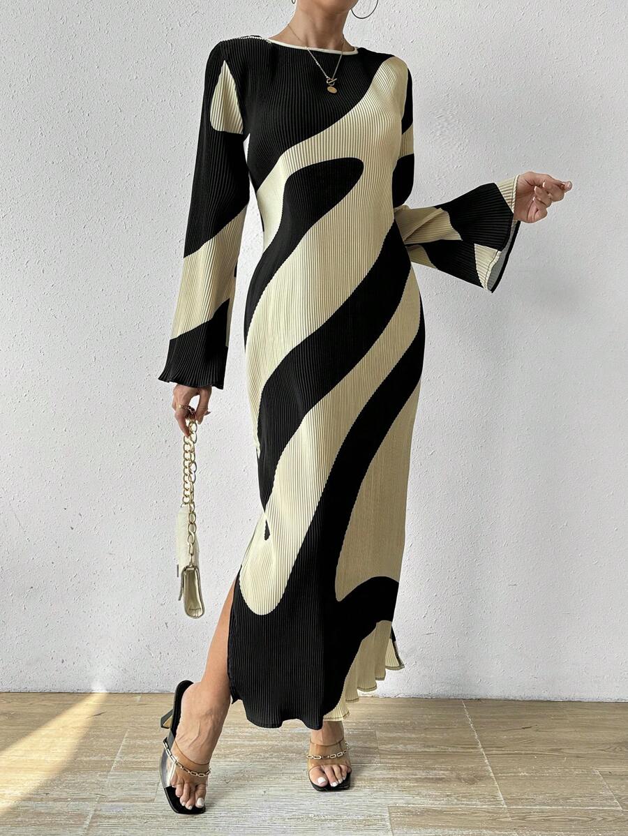 Chiquease 女式印花喇叭袖长款连衣裙