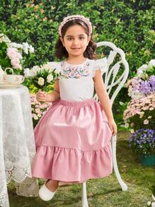 SHEIN Young Girls' Round Neck Water Droplet Cap Sleeve Embroidered Shirt With Ruffle Hem Skirt Two-Piece Set