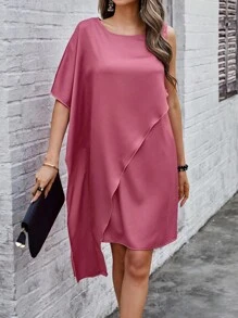 SHEIN Clasi Ladies' Solid Color Wrap Around Asymmetrical Hem Dress