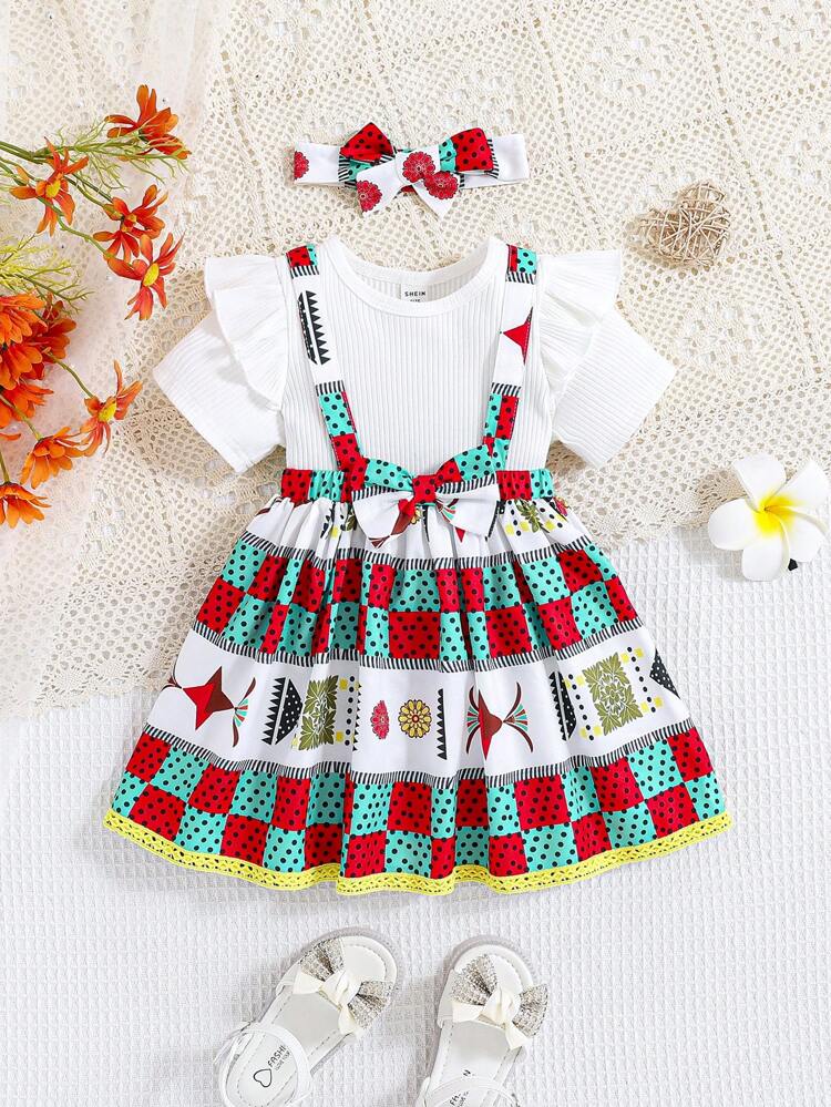 Baby Girl Holiday Knitted Flutter Sleeve Top Polka Dot Suspender Skirt Dress Set