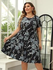 Nemidor Plus Size Floral Printed Dress - Black - View 3