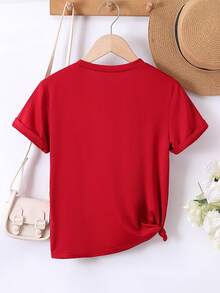SHEIN Cô gái Tween Lá thư & Hoa In Ngắn tay Áo thun - Màu Đỏ Sâu - Xem 2
