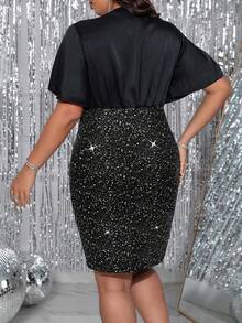 Celure Plus Size Valentine's Day Elegant Sequined Patchwork Dress - Multicolor - View 2
