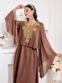 Al Najma Women'S Water-Soluble Lace Patchwork Flare Sleeve Dress Eid Dress
