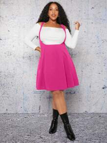 SHEIN CURVE+ Plus Size Women's Solid Color Suspender Dress - Hot Pink - View 3
