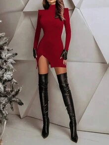 女士纯色立领长袖开衩下摆紧身连衣裙，适合秋季 - 酒紅色 - 查看 5