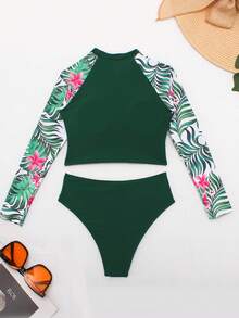 2 Piezas/set Chica Adolescente Con Top Manga Larga De Bloque De Color Con Estampado De Plantas Tropicales Y Flores Con Bikini Triangular, Estilo De Playa