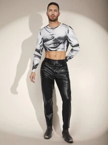 FeverCity Men's Knitted Print Casual Crop Top T-Shirt - Black and White - View 6