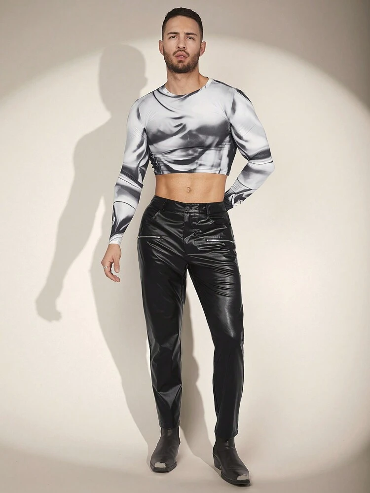 Men's Knitted Print Casual Crop Top T-Shirt