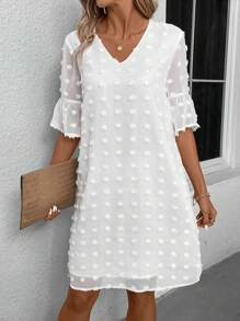 SHEIN Clasi Women's Swiss Dot Ruffle Sleeve Dress - Beige - View 1